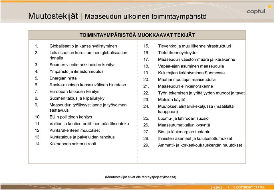 Maaseudun työllisyystilanne ja työvoiman saatavuus 10. EU:n poliittinen kehitys 11. Valtion ja kuntien poliittinen päätöksenteko 12. Kuntarakenteen muutokset 13.