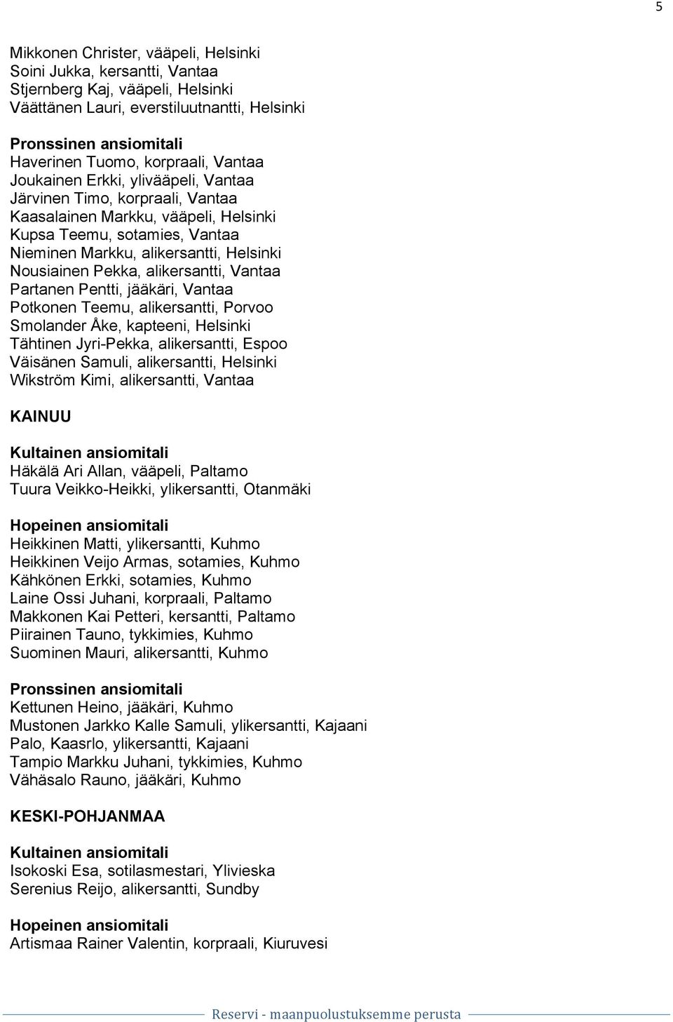 Vantaa Partanen Pentti, jääkäri, Vantaa Potkonen Teemu, alikersantti, Porvoo Smolander Åke, kapteeni, Helsinki Tähtinen Jyri-Pekka, alikersantti, Espoo Väisänen Samuli, alikersantti, Helsinki