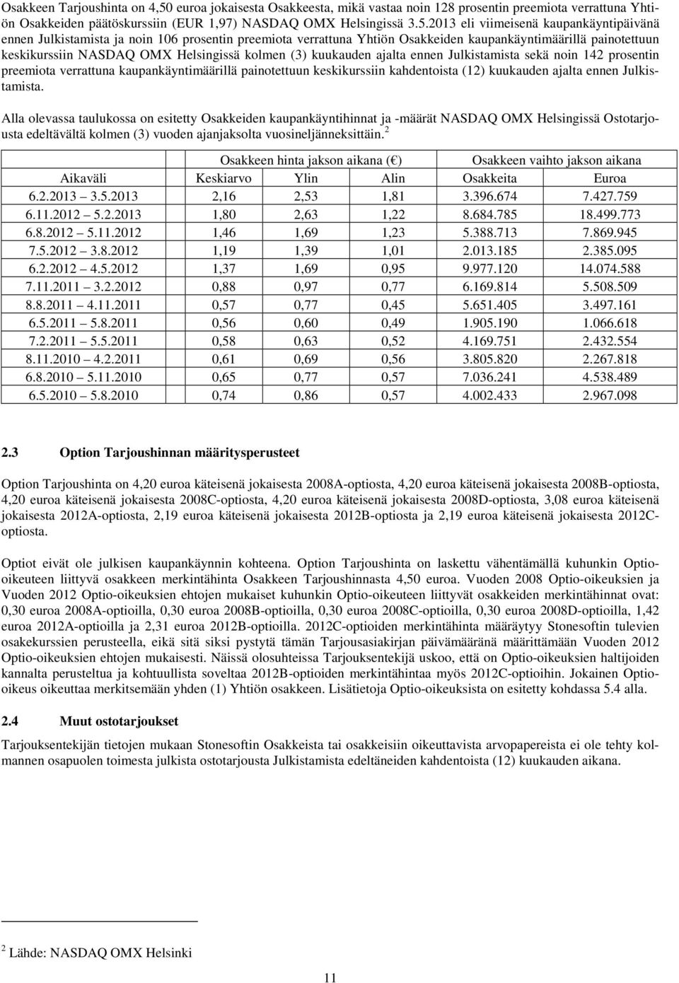 2013 eli viimeisenä kaupankäyntipäivänä ennen Julkistamista ja noin 106 prosentin preemiota verrattuna Yhtiön Osakkeiden kaupankäyntimäärillä painotettuun keskikurssiin NASDAQ OMX Helsingissä kolmen