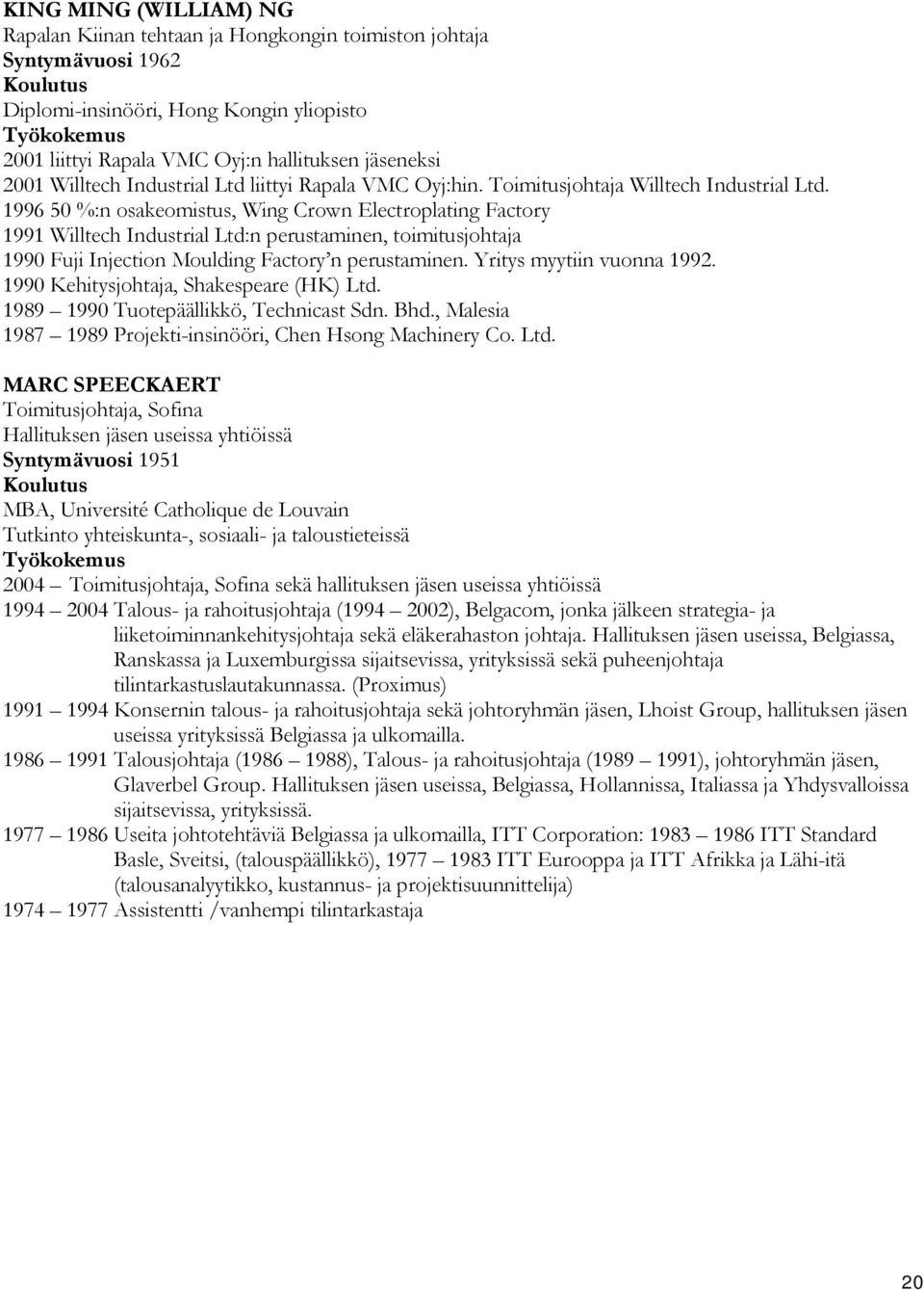 1996 50 %:n osakeomistus, Wing Crown Electroplating Factory 1991 Willtech Industrial Ltd:n perustaminen, toimitusjohtaja 1990 Fuji Injection Moulding Factory n perustaminen.