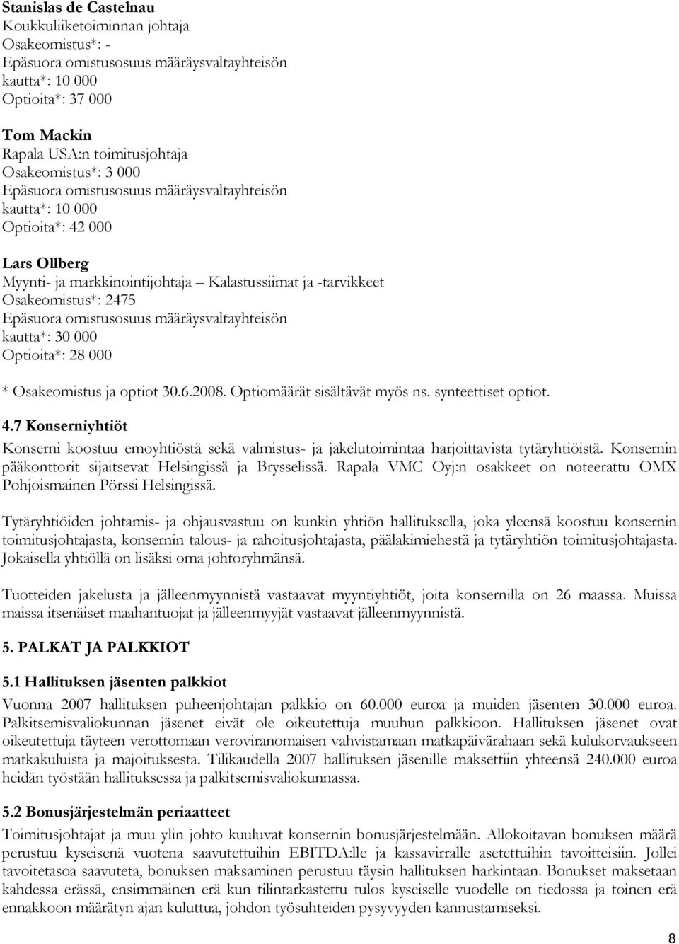 Epäsuora omistusosuus määräysvaltayhteisön kautta*: 30 000 Optioita*: 28 000 * Osakeomistus ja optiot 30.6.2008. Optiomäärät sisältävät myös ns. synteettiset optiot. 4.