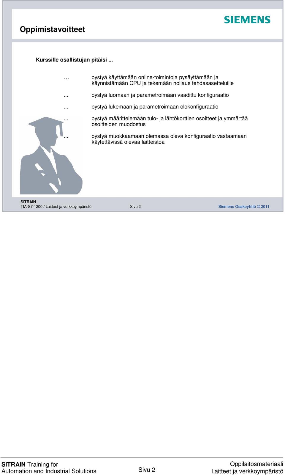 .. pystyä luomaan ja parametroimaan vaadittu konfiguraatio... pystyä lukemaan ja parametroimaan olokonfiguraatio.