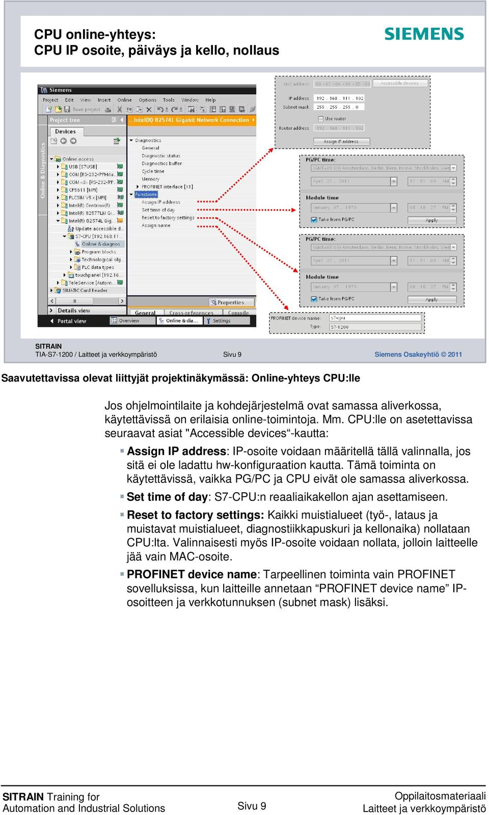 CPU:lle on asetettavissa seuraavat asiat "Accessible devices -kautta: Assign IP address: IP-osoite voidaan määritellä tällä valinnalla, jos sitä ei ole ladattu hw-konfiguraation kautta.