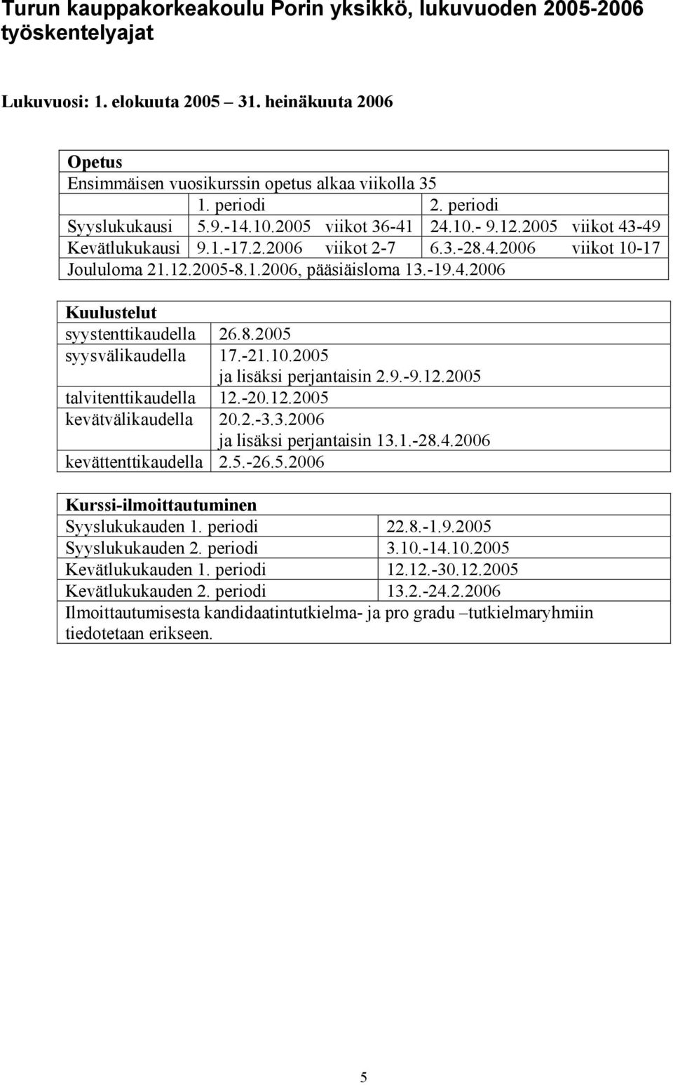 -19.4.2006 Kuulustelut syystenttikaudella 26.8.2005 syysvälikaudella 17.-21.10.2005 ja lisäksi perjantaisin 2.9.-9.12.2005 talvitenttikaudella 12.-20.12.2005 kevätvälikaudella 20.2.-3.