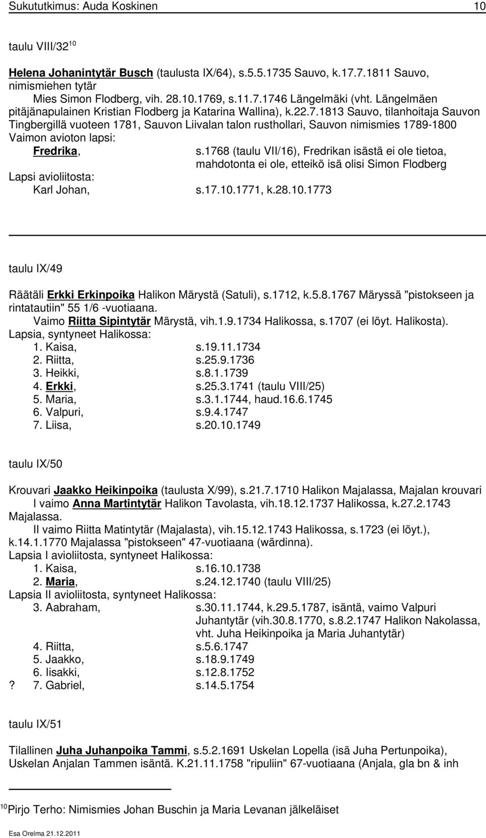 1813 Sauvo, tilanhoitaja Sauvon Tingbergillä vuoteen 1781, Sauvon Liivalan talon rusthollari, Sauvon nimismies 1789-1800 Vaimon avioton lapsi: Fredrika, Lapsi avioliitosta: Karl Johan, s.