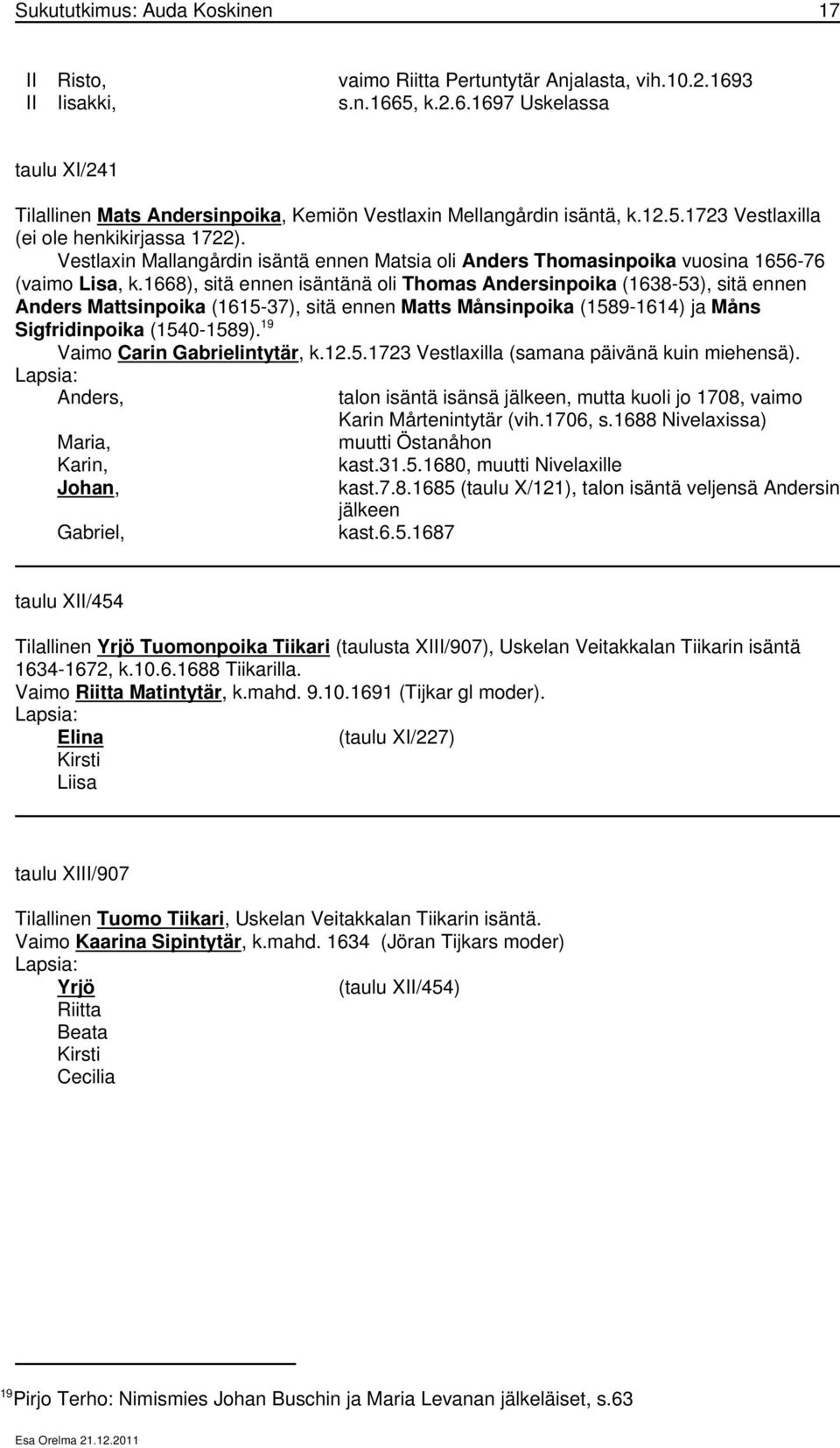 1668), sitä ennen isäntänä oli Thomas Andersinpoika (1638-53), sitä ennen Anders Mattsinpoika (1615-37), sitä ennen Matts Månsinpoika (1589-1614) ja Måns Sigfridinpoika (1540-1589).