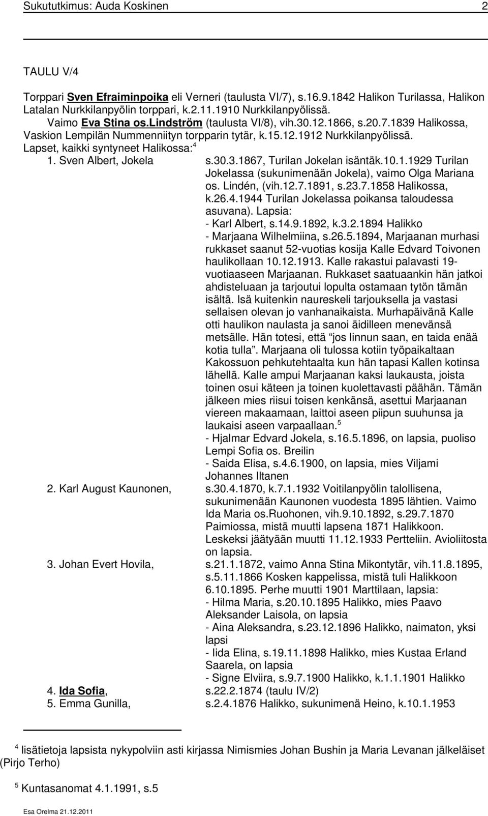 Lapset, kaikki syntyneet Halikossa: 4 1. Sven Albert, Jokela s.30.3.1867, Turilan Jokelan isäntäk.10.1.1929 Turilan Jokelassa (sukunimenään Jokela), vaimo Olga Mariana os. Lindén, (vih.12.7.1891, s.