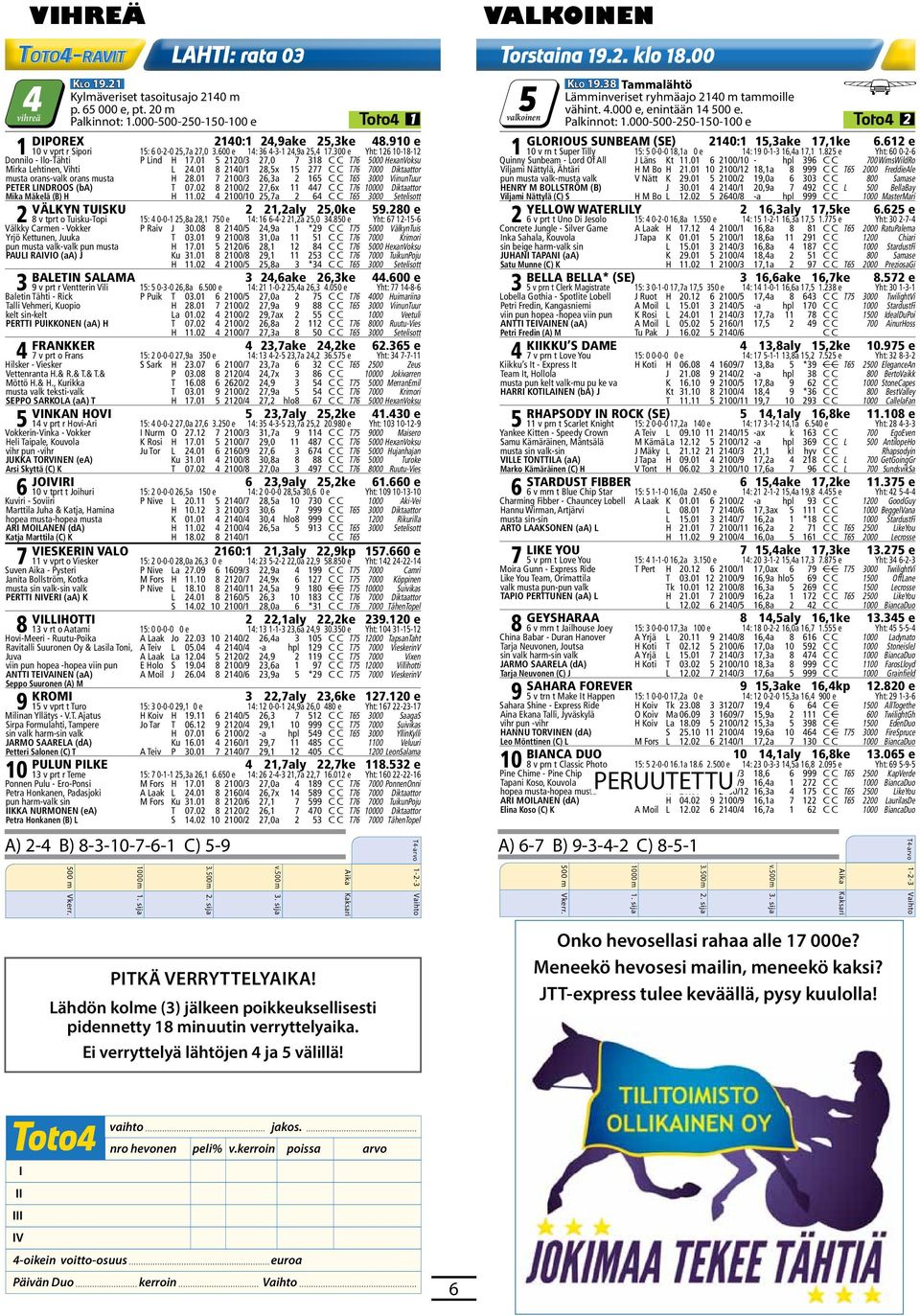 500 e 12: 6 0-0-0 15,6a 15,8 110 e Yht: 102 26-17-12 Sunshine Bass - Bonefish M Fors J 19.04 8 1600/3 -a hpl 254 C C 1200 AllIn Forss Mika & Tiainen Olli, Suonenjoki Su 25.