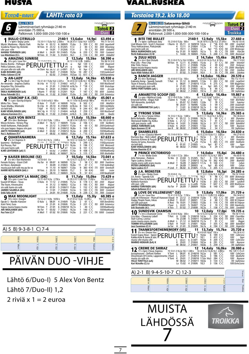 500 e 14: 26 3-5-1 13,6a 14,9 13.675 e Yht: 71 10-13-5 Mystic Madonna - Mystic Park Ha Tor H 03.12 6 2600/9 15,6a 5 359 C C T65 2500 JaquelineM Scuderia Power Oy, Helsinki M Fors H 23.