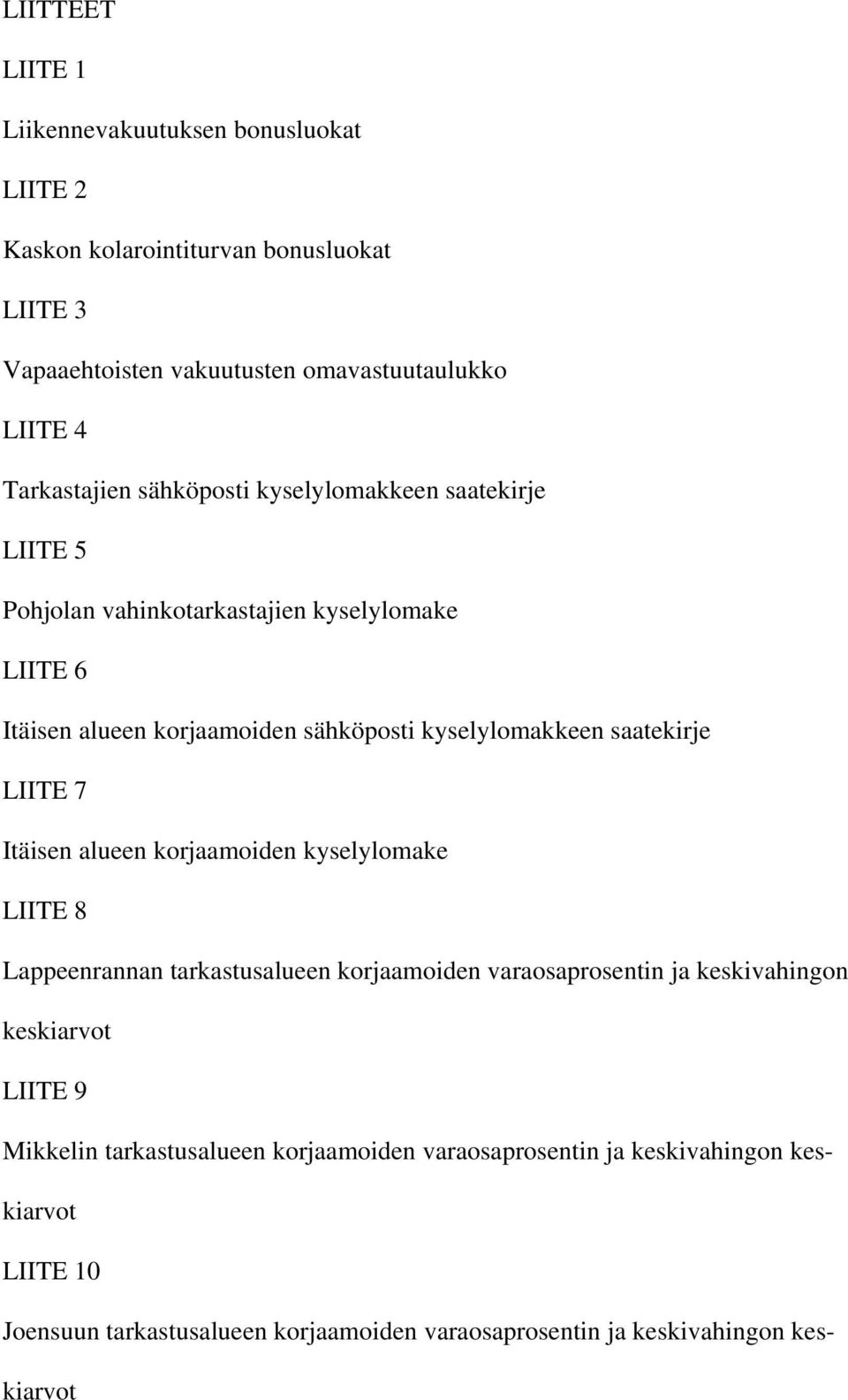 saatekirje LIITE 7 Itäisen alueen korjaamoiden kyselylomake LIITE 8 Lappeenrannan tarkastusalueen korjaamoiden varaosaprosentin ja keskivahingon keskiarvot LIITE 9