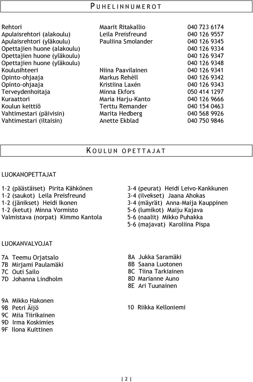 Opinto-ohjaaja Kristiina Laxén 040 126 9343 Terveydenhoitaja Minna Ekfors 050 414 1297 Kuraattori Maria Harju-Kanto 040 126 9666 Koulun keittiö Terttu Remander 040 154 0463 Vahtimestari (päivisin)