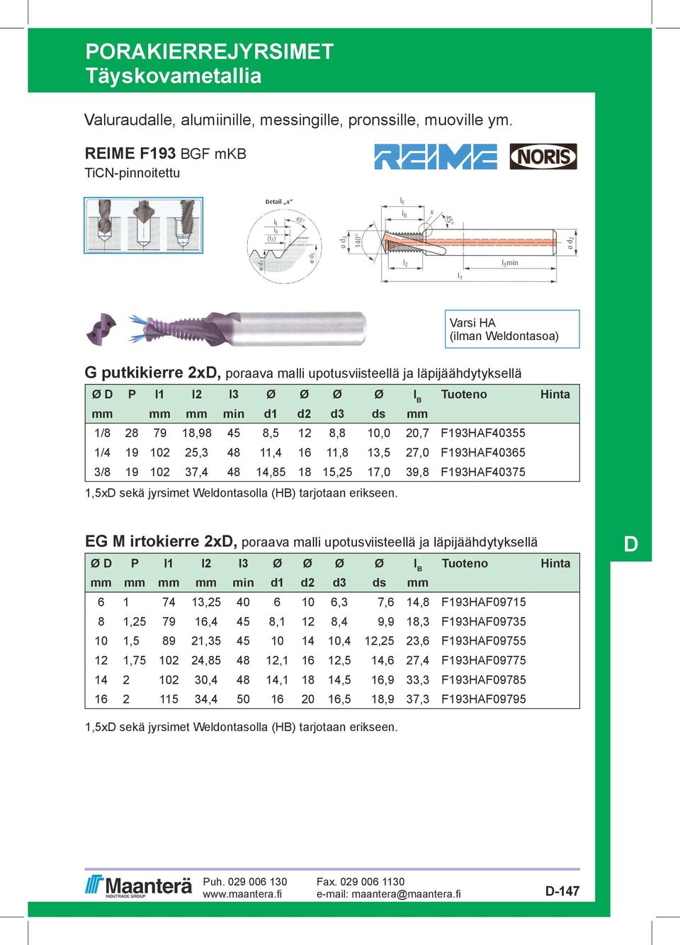 ds mm 1/8 28 79 18,98 45 8,5 12 8,8 10,0 20,7 F193HAF40355 1/4 19 102 25,3 48 11,4 16 11,8 13,5 27,0 F193HAF40365 3/8 19 102 37,4 48 14,85 18 15,25 17,0 39,8 F193HAF40375 1,5xD sekä jyrsimet