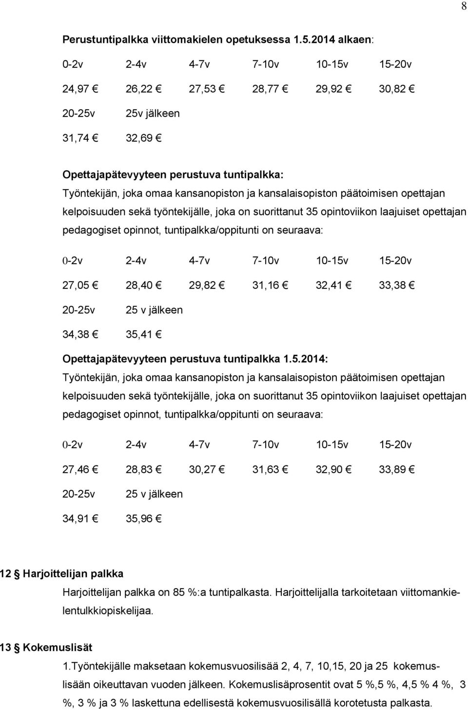 kansalaisopiston päätoimisen opettajan kelpoisuuden sekä työntekijälle, joka on suorittanut 35 opintoviikon laajuiset opettajan pedagogiset opinnot, tuntipalkka/oppitunti on seuraava: 0-2v 2-4v 4-7v