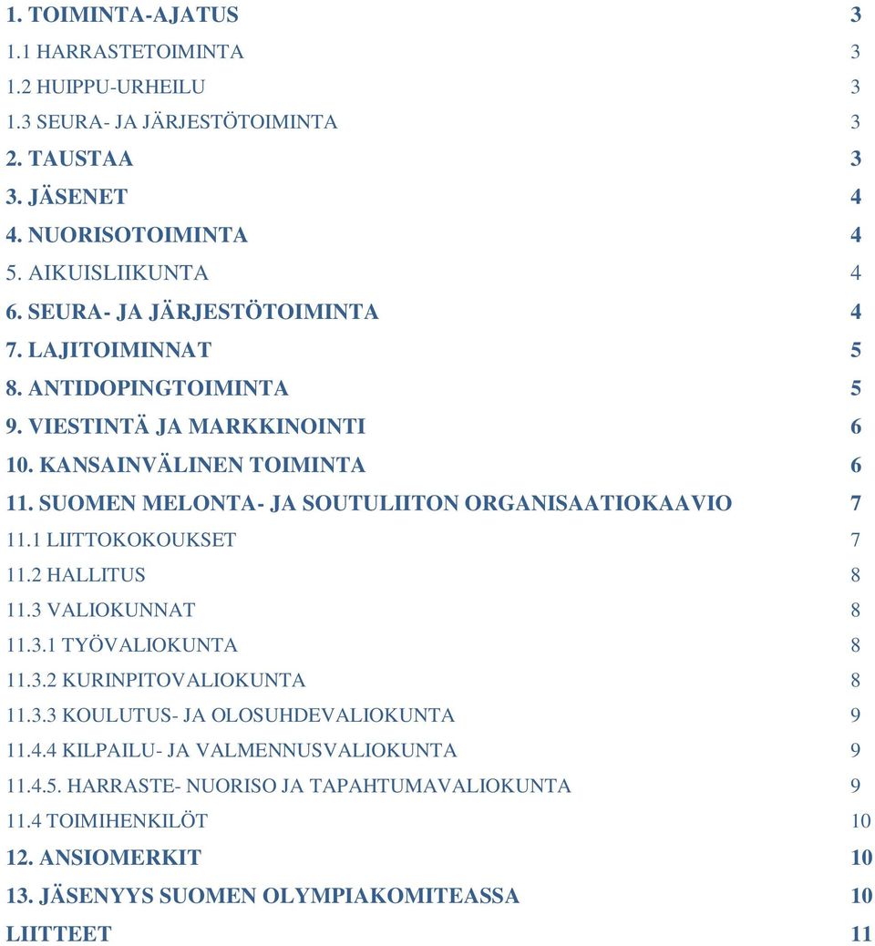 SUOMEN MELONTA- JA SOUTULIITON ORGANISAATIOKAAVIO 7 11.1 LIITTOKOKOUKSET 7 11.2 HALLITUS 8 11.3 VALIOKUNNAT 8 11.3.1 TYÖVALIOKUNTA 8 11.3.2 KURINPITOVALIOKUNTA 8 11.3.3 KOULUTUS- JA OLOSUHDEVALIOKUNTA 9 11.