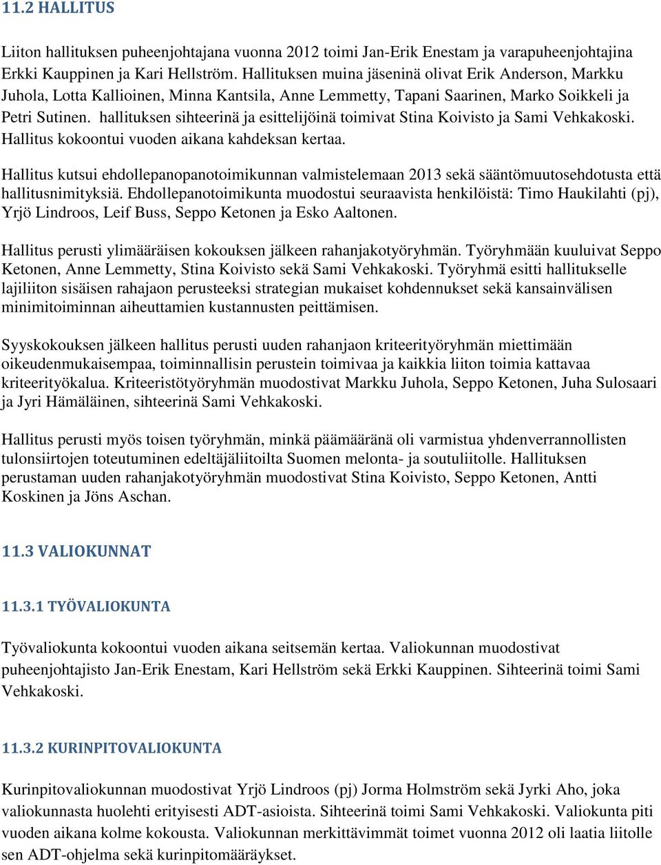 hallituksen sihteerinä ja esittelijöinä toimivat Stina Koivisto ja Sami Vehkakoski. Hallitus kokoontui vuoden aikana kahdeksan kertaa.