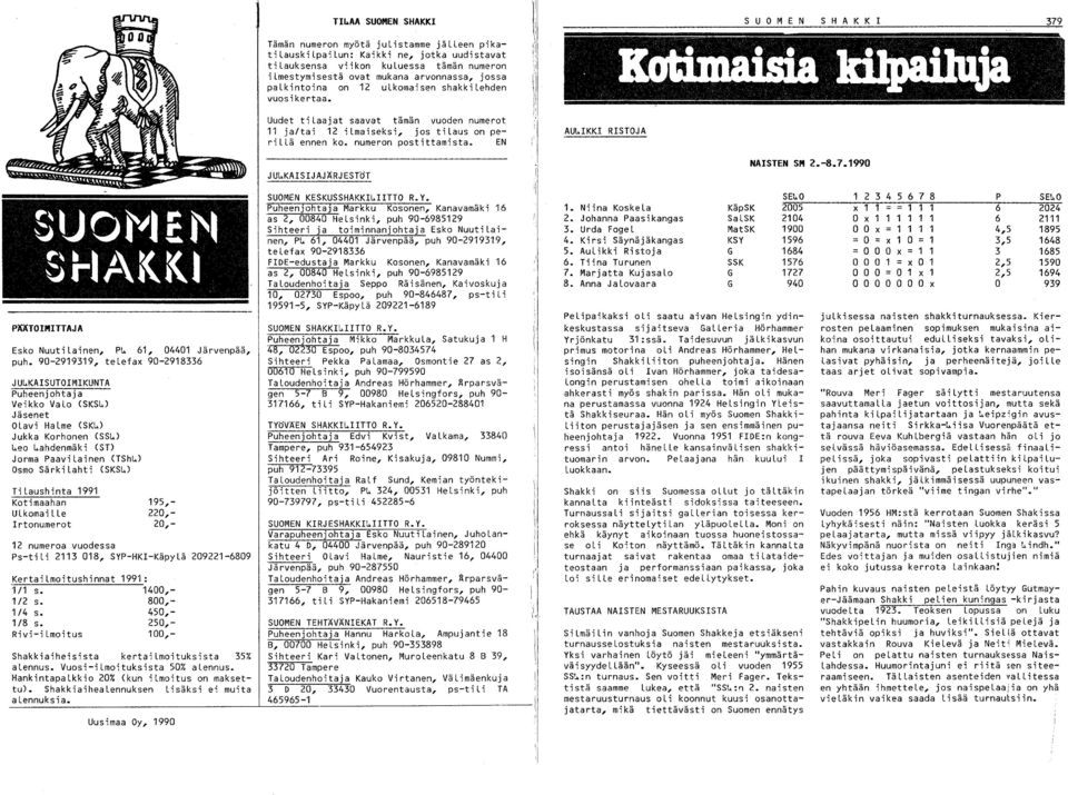 numeron postittamista. EN AU~IKKI RISTOJA JU~KAISIJAJÄRJESTöT NAISTEN SM 2.-8.7.1990 PÄÄTOIMITTAJA Esko NuutiLainen, P~ 61, 04401 Järvenpää, puh.