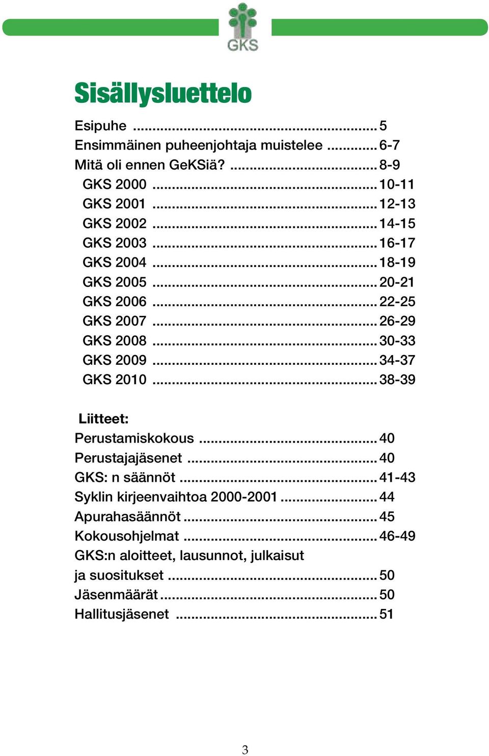 ..34-37 GKS 2010...38-39 Liitteet: Perustamiskokous...40 Perustajajäsenet...40 GKS: n säännöt...41-43 Syklin kirjeenvaihtoa 2000-2001.