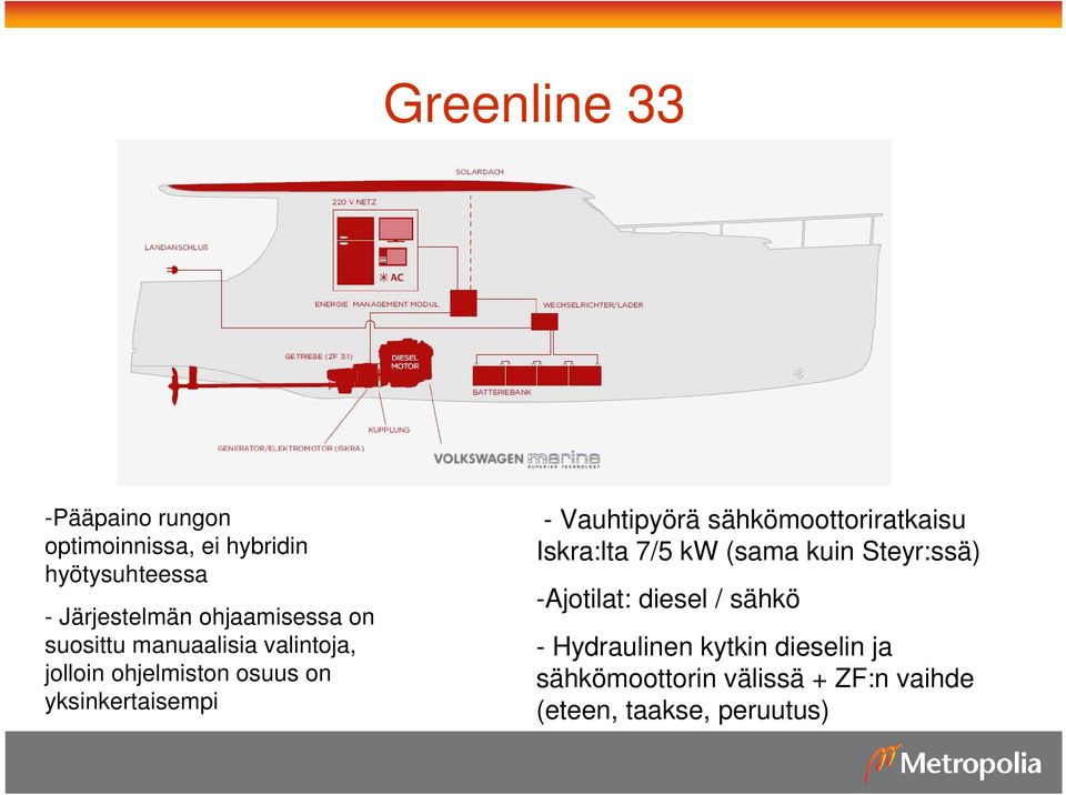 - Vauhtipyörä sähkömoottoriratkaisu Iskra:lta 7/5 kw (sama kuin Steyr:ssä) -Ajotilat: diesel /