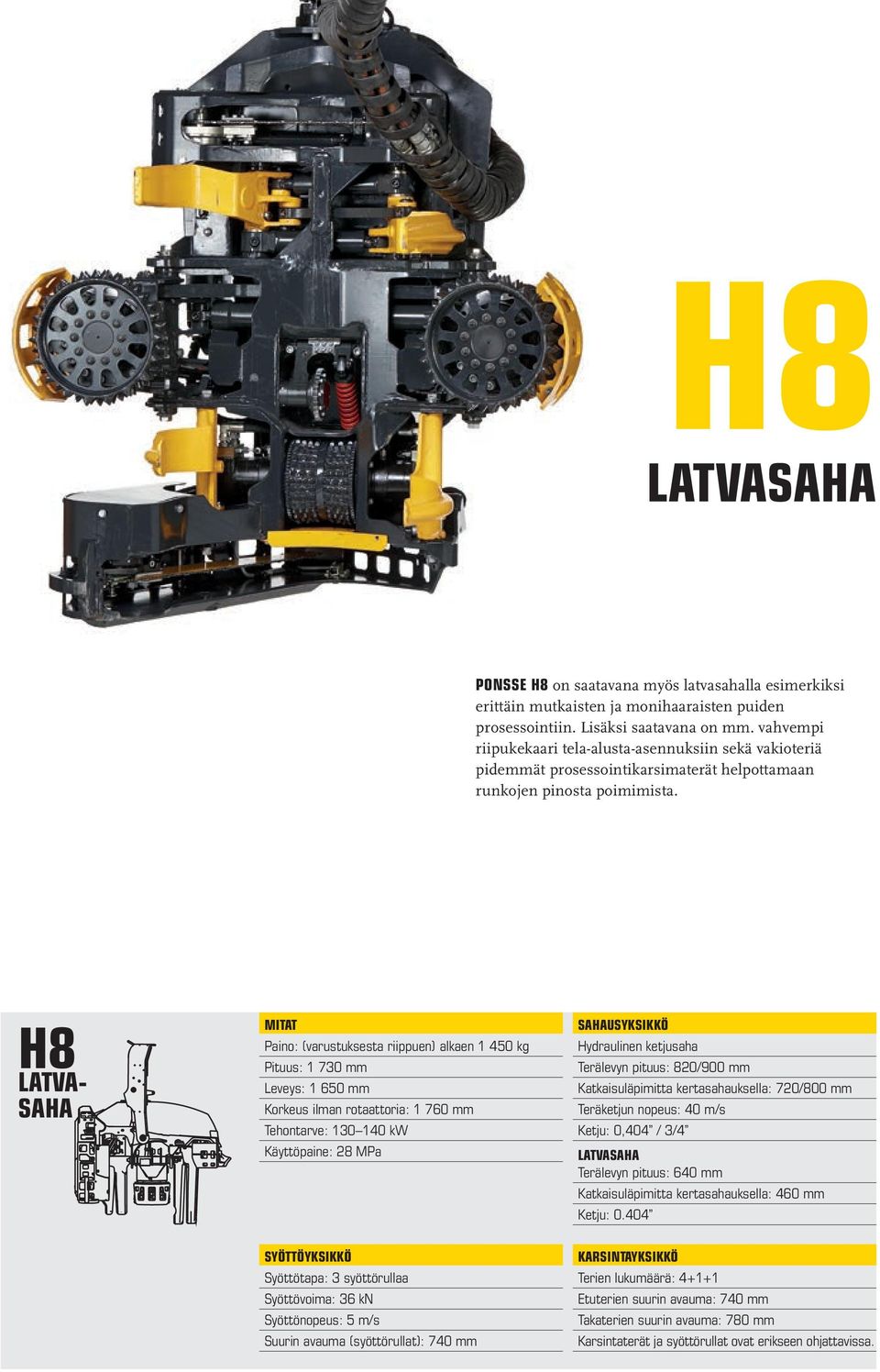 H8 LATVA- SAHA Paino: (varustuksesta riippuen) alkaen 1 450 kg Pituus: 1 730 mm Leveys: 1 650 mm Korkeus ilman rotaattoria: 1 760 mm Käyttöpaine: 28 MPa Terälevyn pituus: 820/900 mm Katkaisuläpimitta