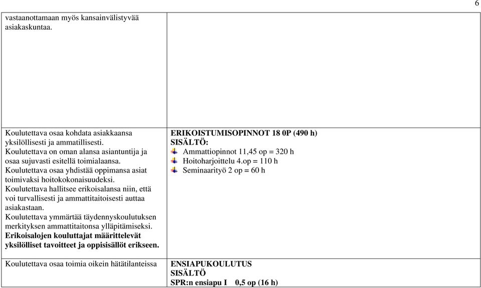 Koulutettava hallitsee erikoisalansa niin, että voi turvallisesti ja ammattitaitoisesti auttaa asiakastaan. Koulutettava ymmärtää täydennyskoulutuksen merkityksen ammattitaitonsa ylläpitämiseksi.