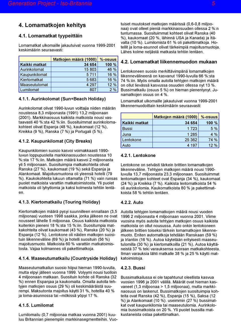 711 16 % Kiertomatkat 5 683 16 % Maaseutulomat 4 297 12 % Lumilomat 807 2 % 4.1.1. Aurinkolomat (Sun+Beach Holiday) Aurinkolomat olivat 1990-luvun voittajia niiden määrän noustessa 8,3 miljoonasta (1991) 13,2 miljoonaan (2001).