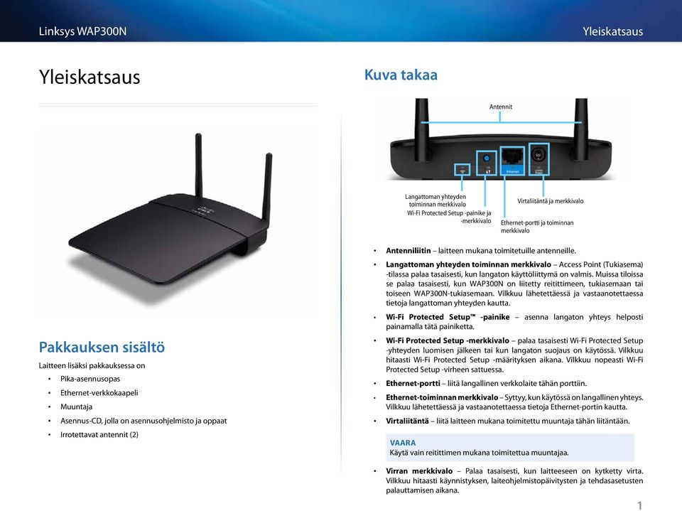 Antenniliitin laitteen mukana toimitetuille antenneille. Langattoman yhteyden toiminnan merkkivalo Access Point (Tukiasema) -tilassa palaa tasaisesti, kun langaton käyttöliittymä on valmis.