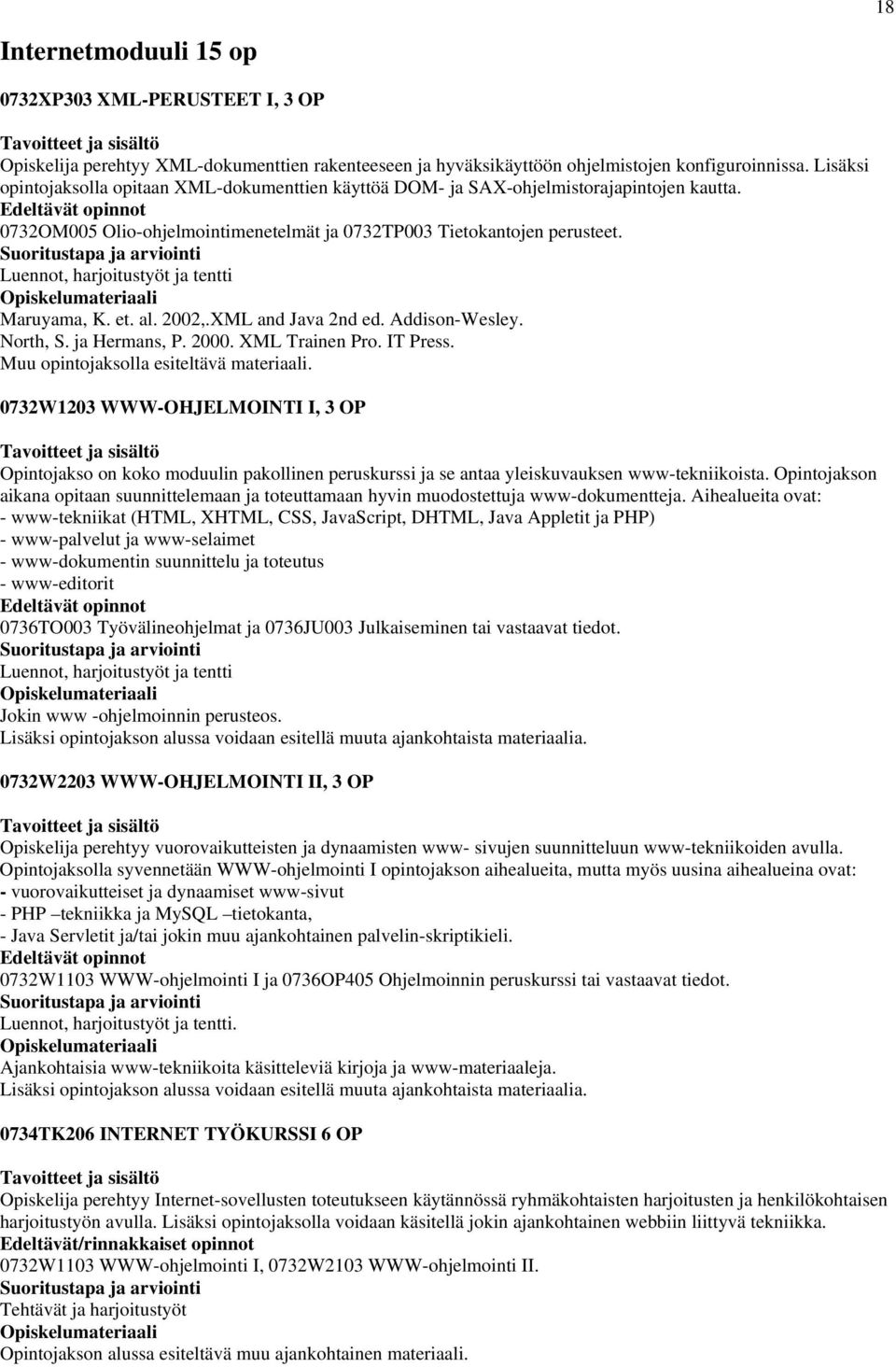 Luennot, harjoitustyöt ja tentti Maruyama, K. et. al. 2002,.XML and Java 2nd ed. Addison-Wesley. North, S. ja Hermans, P. 2000. XML Trainen Pro. IT Press. Muu opintojaksolla esiteltävä materiaali.