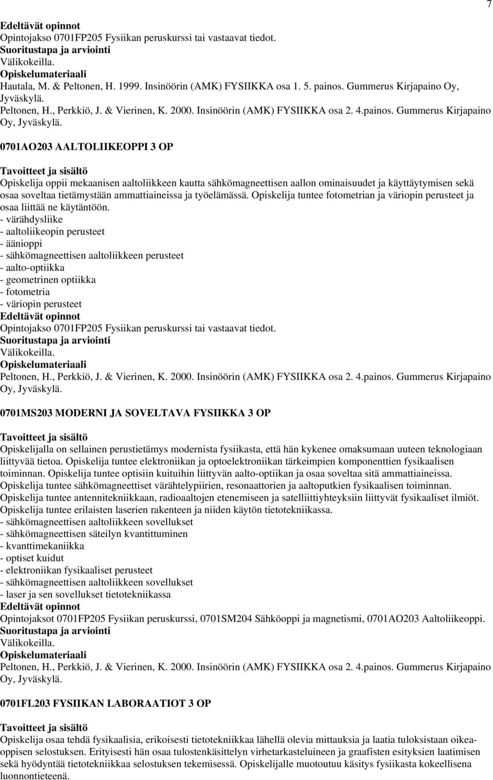 0701AO203 AALTOLIIKEOPPI 3 OP Opiskelija oppii mekaanisen aaltoliikkeen kautta sähkömagneettisen aallon ominaisuudet ja käyttäytymisen sekä osaa soveltaa tietämystään ammattiaineissa ja työelämässä.