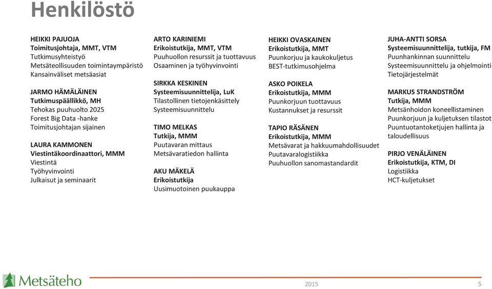 resurssit ja tuottavuus Osaaminen ja työhyvinvointi SIRKKA KESKINEN Systeemisuunnittelija, LuK Tilastollinen tietojenkäsittely Systeemisuunnittelu TIMO MELKAS Tutkija, MMM Puutavaran mittaus