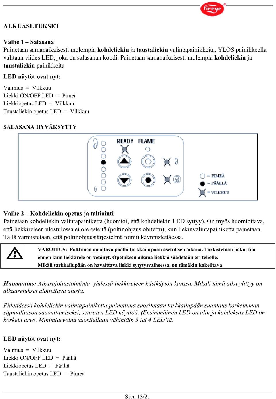 Vilkkuu SALASANA HYVÄKSYTTY Vaihe 2 Kohdeliekin opetus ja taltiointi Painetaan kohdeliekin valintapainiketta (huomioi, että kohdeliekin LED syttyy).