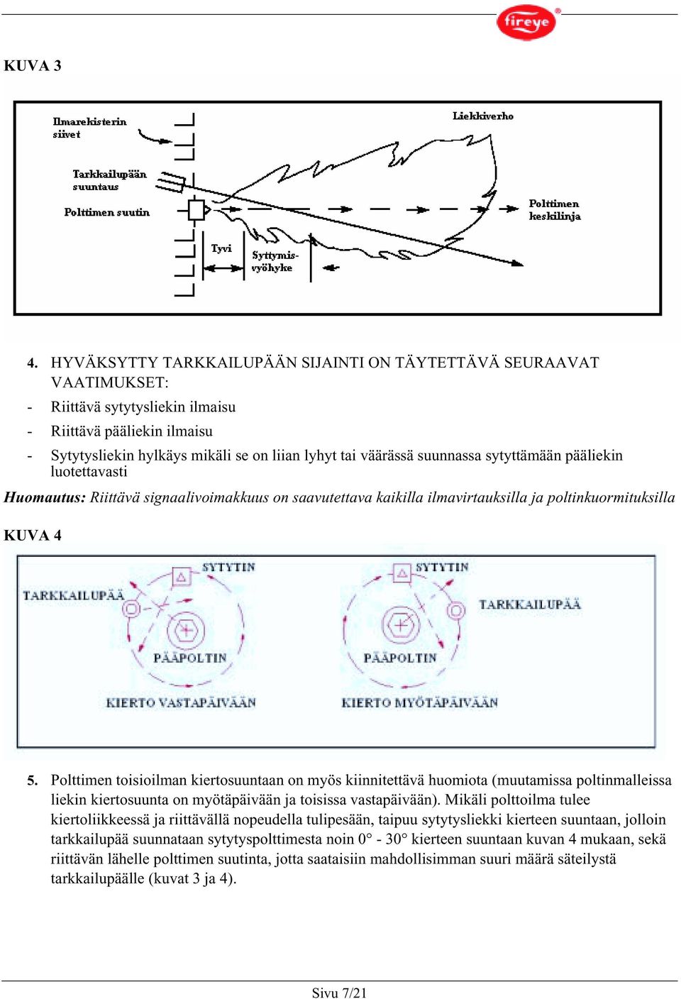 suunnassa sytyttämään pääliekin luotettavasti Huomautus: Riittävä signaalivoimakkuus on saavutettava kaikilla ilmavirtauksilla ja poltinkuormituksilla KUVA 4 5.