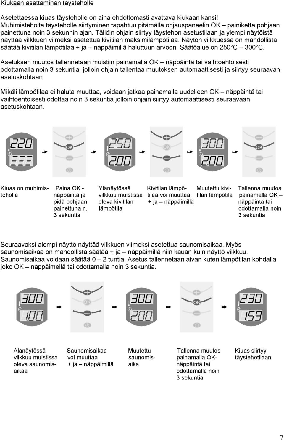 Tällöin ohjain siirtyy täystehon asetustilaan ja ylempi näytöistä näyttää vilkkuen viimeksi asetettua kivitilan maksimilämpötilaa.