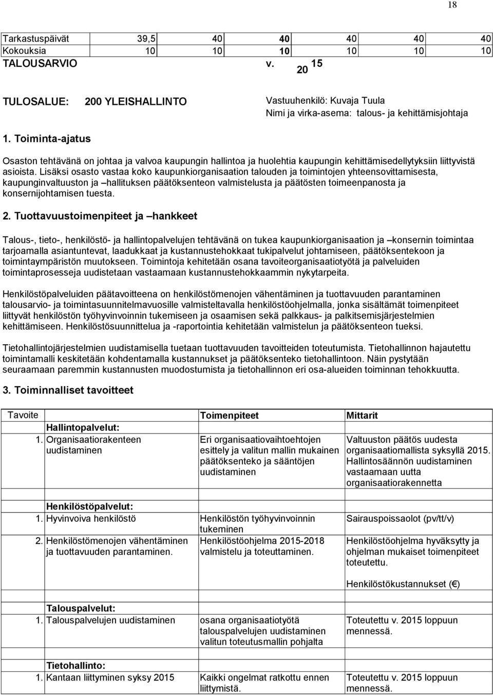 Lisäksi osasto vastaa koko kaupunkiorganisaation talouden ja toimintojen yhteensovittamisesta, kaupunginvaltuuston ja hallituksen päätöksenteon valmistelusta ja päätösten toimeenpanosta ja