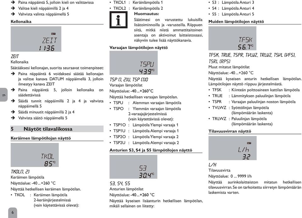 tunnit näppäimillä 2 ja 4 ja vahvista näppäimellä 5 Î Säädä minuutit näppäimillä 2 ja 4 Î Vahvista säätö näppäimellä 5 5 Näytöt tilavalikossa Keräimen lämpötilojan näyttö TKOL1 : Keräinlämpötila 1