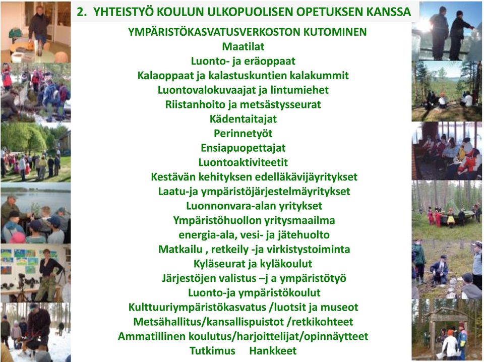 Luonnonvara-alan yritykset Ympäristöhuollon yritysmaailma energia-ala, vesi- ja jätehuolto Matkailu, retkeily -ja virkistystoiminta Kyläseurat ja kyläkoulut Järjestöjen valistus j a