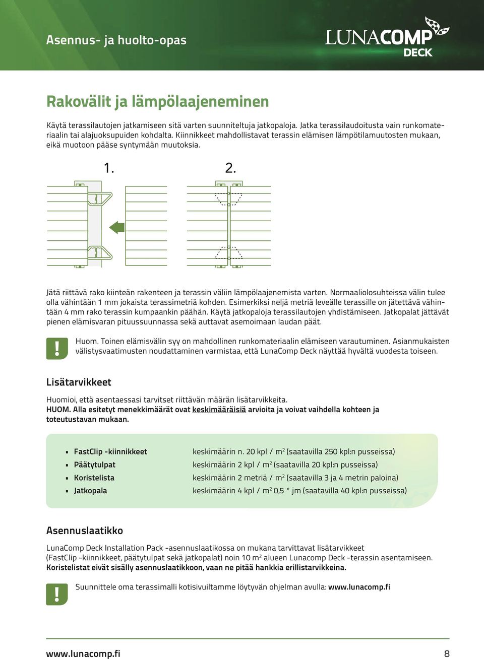 Normaaliolosuhteissa välin tulee olla vähintään 1 mm jokaista terassimetriä kohden. Esimerkiksi neljä metriä leveälle terassille on jätettävä vähintään 4 mm rako terassin kumpaankin päähän.