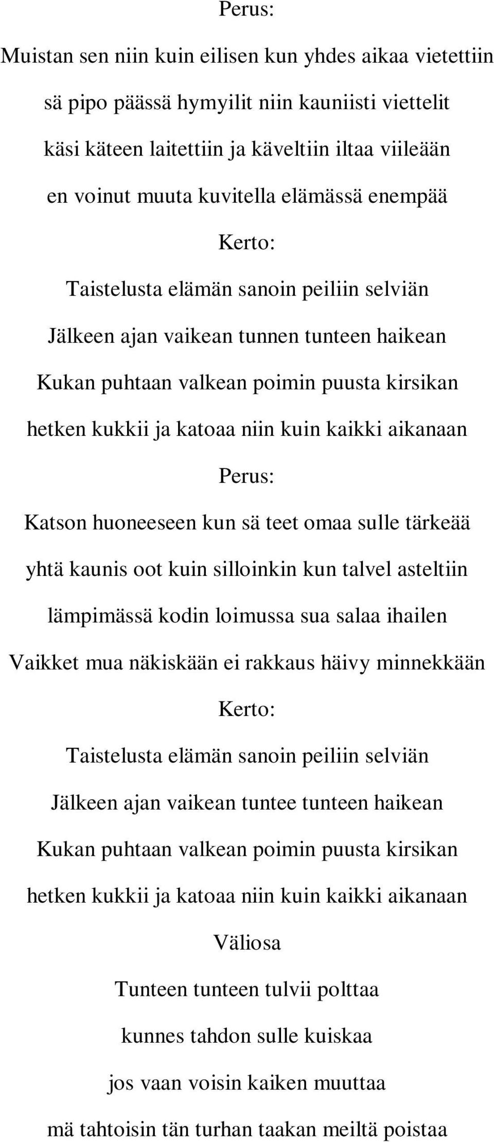 huoneeseen kun sä teet omaa sulle tärkeää yhtä kaunis oot kuin silloinkin kun talvel asteltiin lämpimässä kodin loimussa sua salaa ihailen Vaikket mua näkiskään ei rakkaus häivy minnekkään :