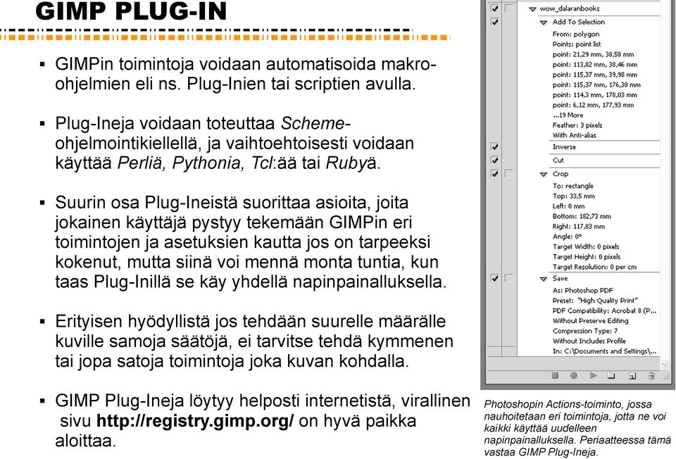 Suurin osa Plug-Ineistä suorittaa asioita, joita jokainen käyttäjä pystyy tekemään GIMPin eri toimintojen ja asetuksien kautta jos on tarpeeksi kokenut, mutta siinä voi mennä monta tuntia, kun taas