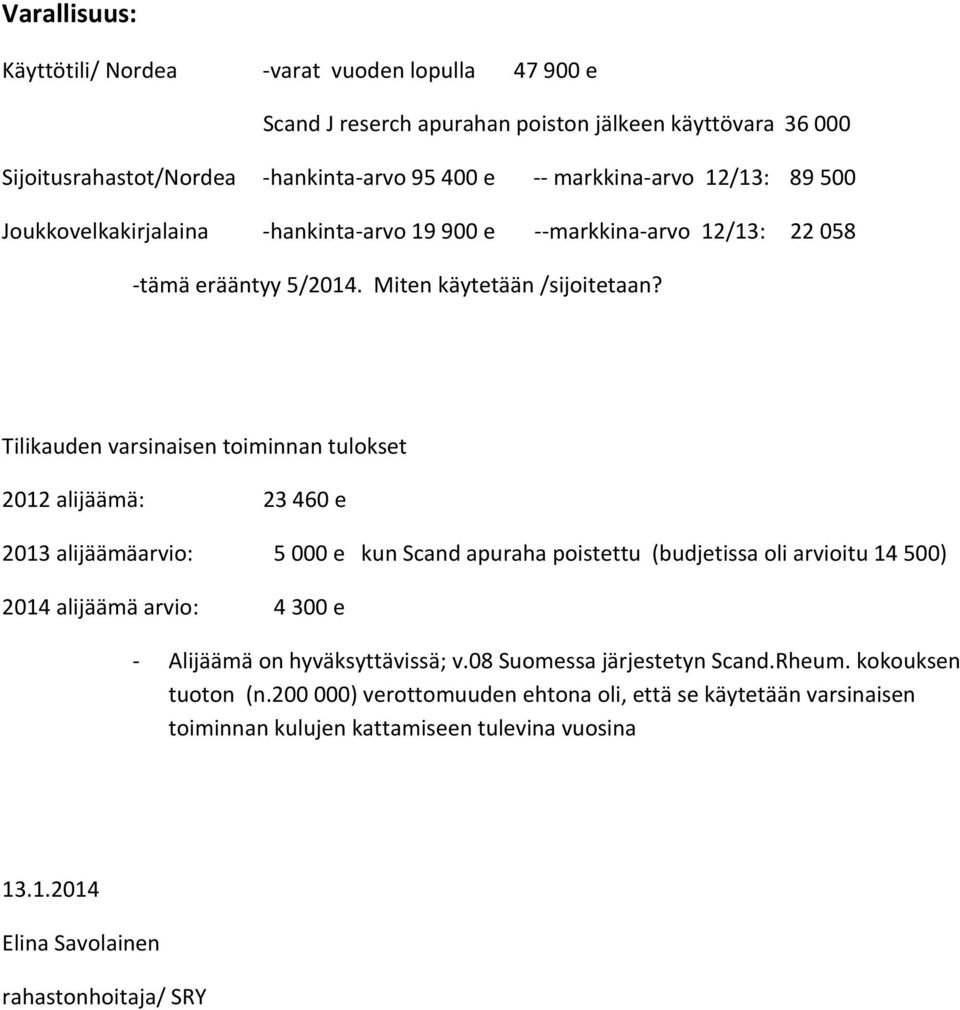 Tilikauden varsinaisen toiminnan tulokset 2012 alijäämä: 23 460 e 2013 alijäämäarvio: 5 000 e kun Scand apuraha poistettu (budjetissa oli arvioitu 14 500) 2014 alijäämä arvio: 4 300 e