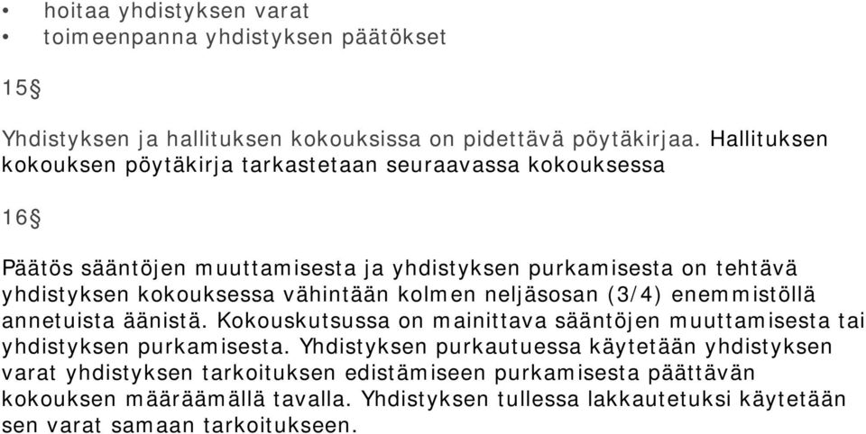 vähintään kolmen neljäsosan (3/4) enemmistöllä annetuista äänistä. Kokouskutsussa on mainittava sääntöjen muuttamisesta tai yhdistyksen purkamisesta.