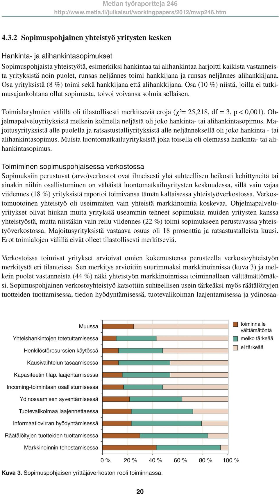 Osa (10 %) niistä, joilla ei tutkimusajankohtana ollut sopimusta, toivoi voivansa solmia sellaisen. Toimialaryhmien välillä oli tilastollisesti merkitseviä eroja (χ²= 25,218, df = 3, p < 0,001).