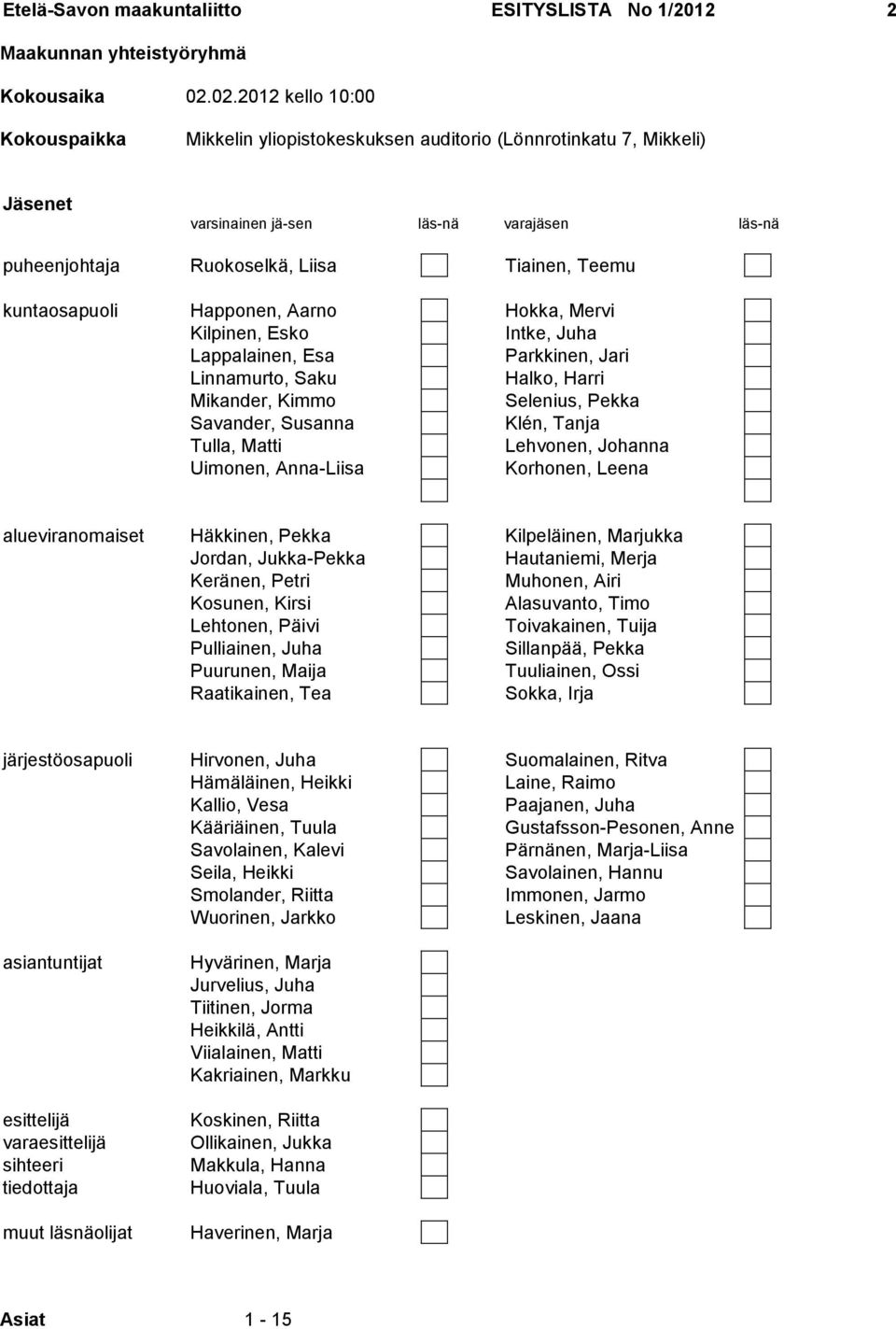 kuntaosapuoli Happonen, Aarno Hokka, Mervi Kilpinen, Esko Intke, Juha Lappalainen, Esa Parkkinen, Jari Linnamurto, Saku Halko, Harri Mikander, Kimmo Selenius, Pekka Savander, Susanna Klén, Tanja