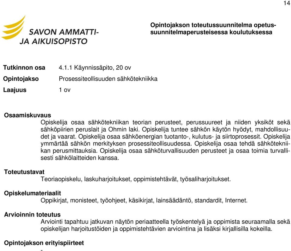 Opiskelija osaa tehdä sähkötekniikan perusmittauksia. Opiskelija osaa sähköturvallisuuden perusteet ja osaa toimia turvallisesti sähkölaitteiden kanssa.