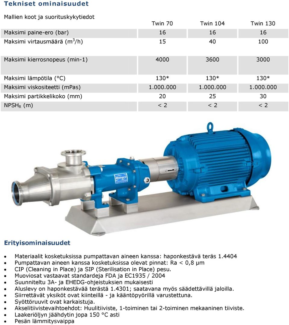 4404 Pumpattavan aineen kanssa kosketuksissa olevat pinnat: Ra < 0,8 µm CIP (Cleaning in Place) ja SIP (Sterilisation in Place) pesu.