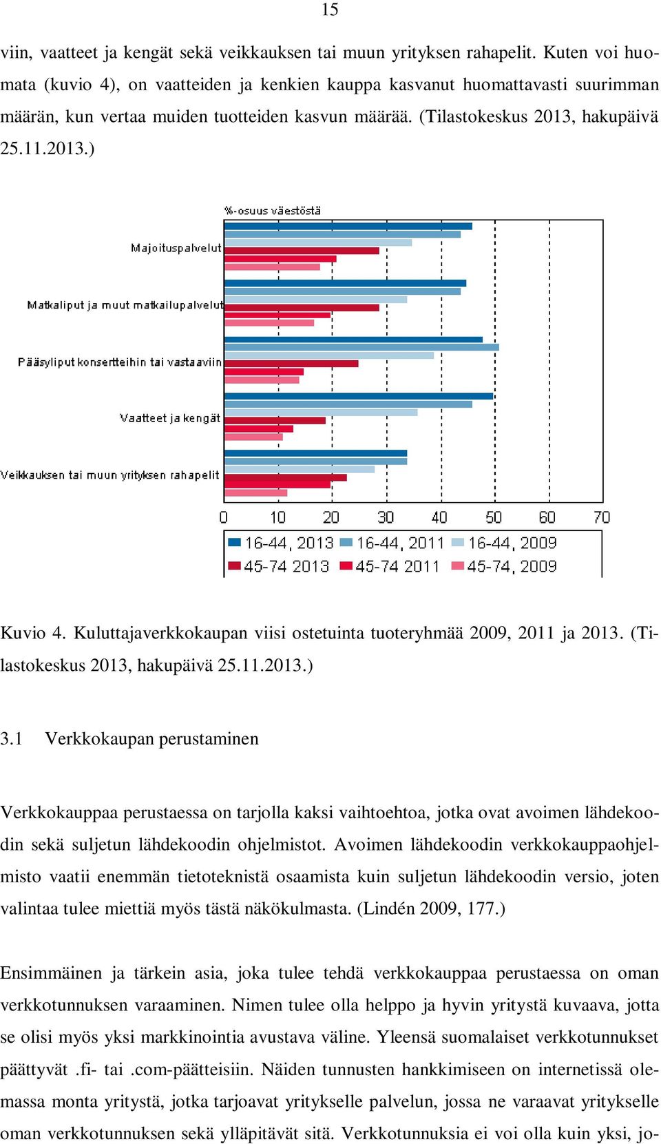 Kuluttajaverkkokaupan viisi ostetuinta tuoteryhmää 2009, 2011 ja 2013. (Tilastokeskus 2013, hakupäivä 25.11.2013.) 3.