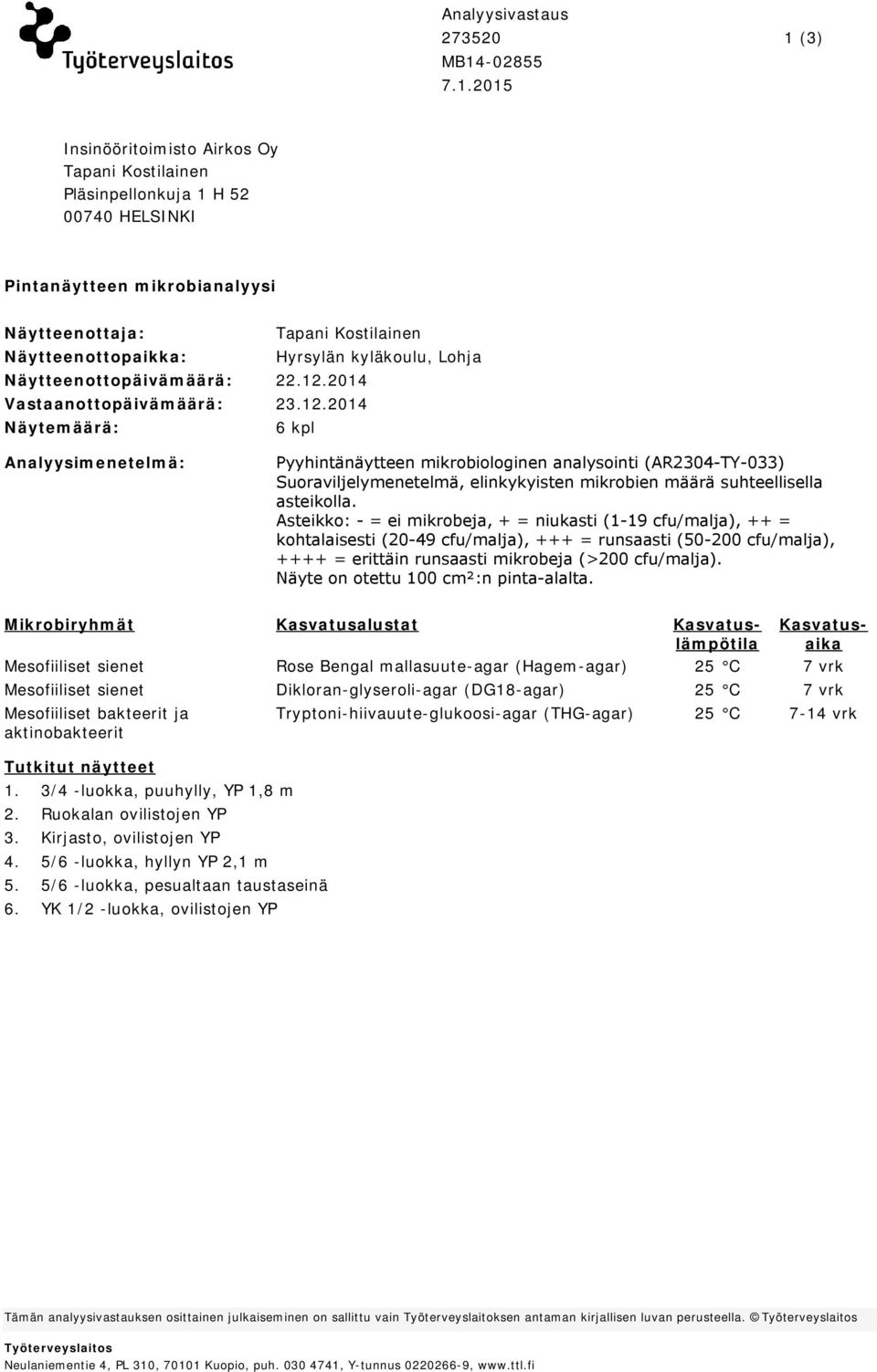 2015 1 (3) Insinööritoimisto Airkos Oy Tapani Kostilainen Pläsinpellonkuja 1 H 52 00740 HELSINKI Pintanäytteen mikrobianalyysi Näytteenottaja: Näytteenottopaikka: Tapani Kostilainen Hyrsylän