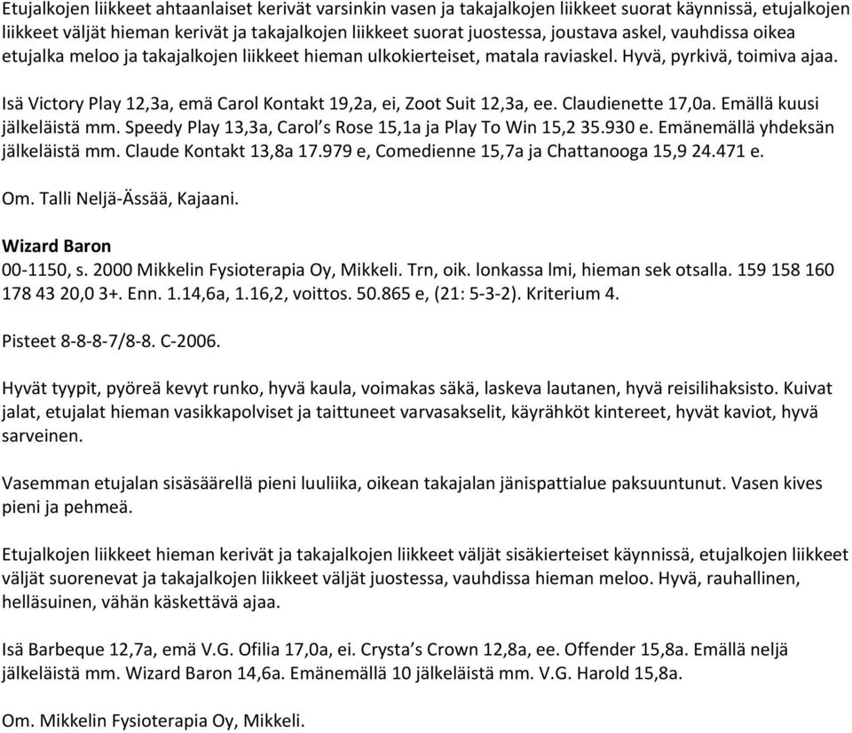 Isä Victory Play 12,3a, emä Carol Kontakt 19,2a, ei, Zoot Suit 12,3a, ee. Claudienette 17,0a. Emällä kuusi jälkeläistä mm. Speedy Play 13,3a, Carol s Rose 15,1a ja Play To Win 15,2 35.930 e.