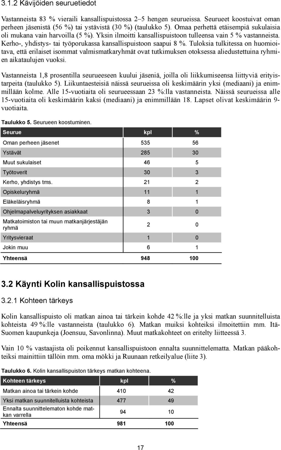 Tuloksia tulkitessa on huomioitava, että erilaiset isommat valmismatkaryhmät ovat tutkimuksen otoksessa aliedustettuina ryhmien aikataulujen vuoksi.