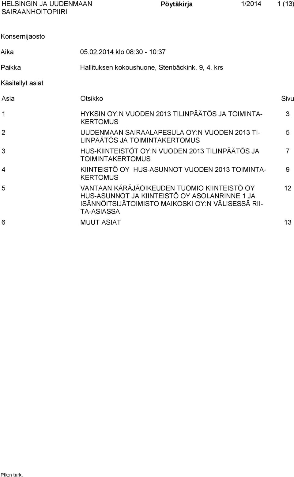 JA TOIMINTAKERTOMUS 3 HUS-KIINTEISTÖT OY:N VUODEN 2013 TILINPÄÄTÖS JA TOIMINTAKERTOMUS 4 KIINTEISTÖ OY HUS-ASUNNOT VUODEN 2013 TOIMINTA- KERTOMUS 5 VANTAAN