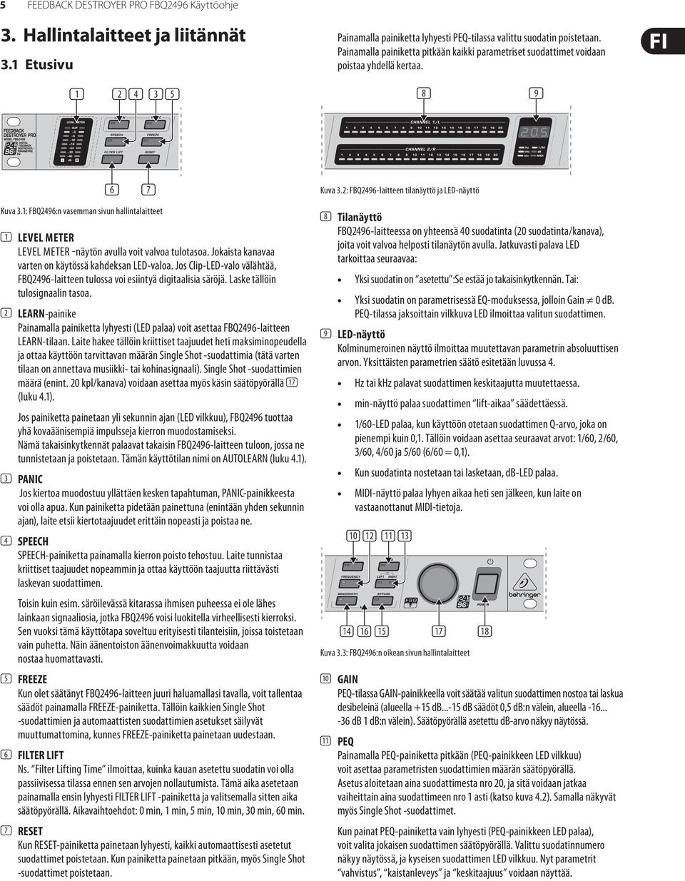 1: FBQ2496:n vasemman sivun hallintalaitteet (1) LEVEL METER LEVEL METER -näytön avulla voit valvoa tulotasoa. Jokaista kanavaa varten on käytössä kahdeksan LED-valoa.